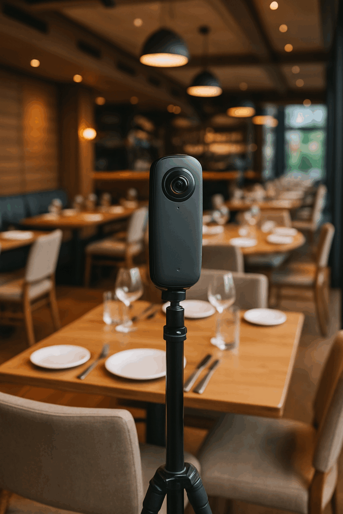 360 graden camera in een sfeervol restaurant voor virtuele rondleiding